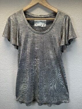 By Anthropologie Metallic Gold Shimmer Knit Flutter Sleeve Top Blouse Sz. L Boho